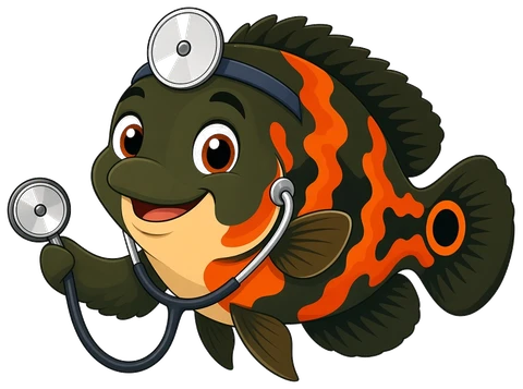 Dr. Ozzy, Oscar mascot in a white coat ready for Fish ER